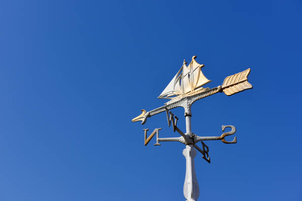 Low angle view of sailboat weather vane against clear sky with copy space.