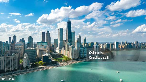 Chicago Skyline Aerial Drone View From Above Lake Michigan And City Of Chicago Downtown Skyscrapers Cityscape Illinois Usa Stock Photo - Download Image Now