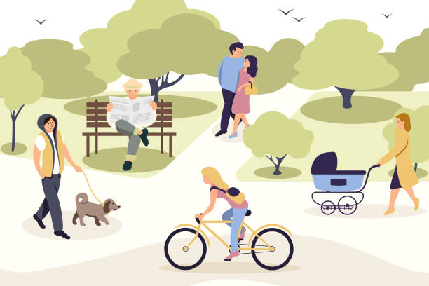 People relaxing in park flat vector illustration People relaxing in park flat vector illustration. Cartoon characters resting on nature. Man walking with dog. Outdoor activities. Couple in love. Urban life. Grandfather reading news from newspaper walking backgrounds stock illustrations