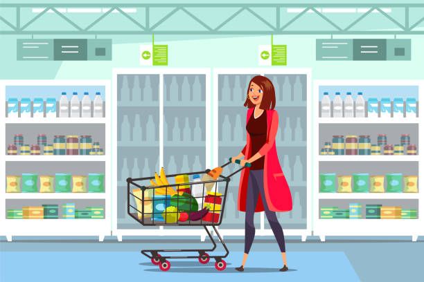 frau mit wagen in supermarkt-vektorabbild - frau supermarkt stock-grafiken, -clipart, -cartoons und -symbole