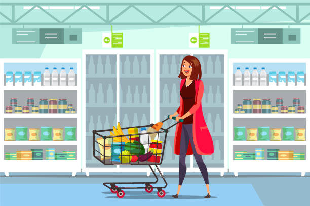 stockillustraties, clipart, cartoons en iconen met vrouw met kar in supermarkt vector illustratie - boodschappenkar supermarkt