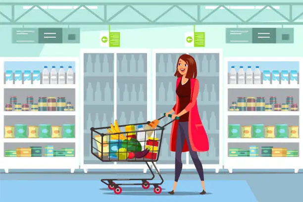 Vector illustration of Woman with cart in supermarket vector illustration