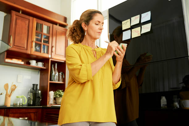istock Housewife sticking notes on fridge 1141120515