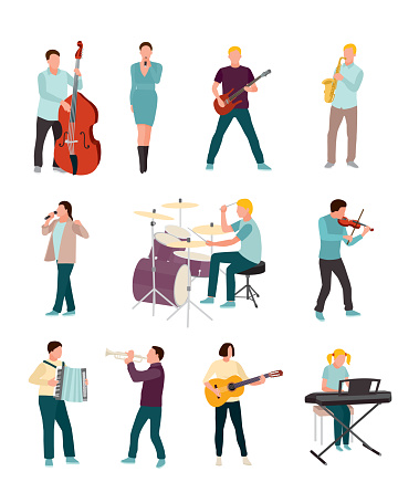 Musicians and singers vector characters set. Cartoon man, woman. Music and singing art. Cello, guitar, drums, synthesizer . Orchestra, rock band, soloist, jazz players with musical instruments