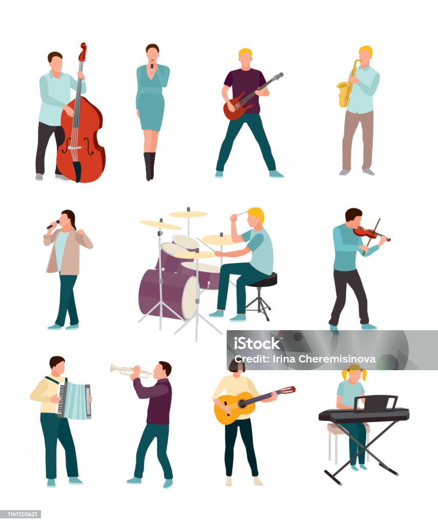 Musicians and singers vector characters set Musicians and singers vector characters set. Cartoon man, woman. Music and singing art. Cello, guitar, drums, synthesizer . Orchestra, rock band, soloist, jazz players with musical instruments Musician stock vector