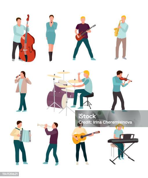 Musicians And Singers Vector Characters Set Stock Illustration - Download Image Now - Musician, Rock Group, Playing