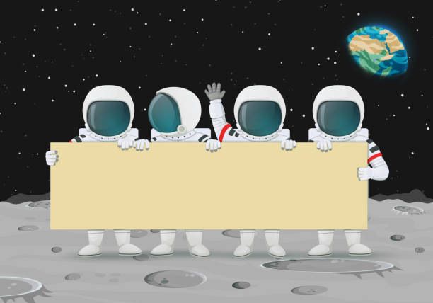 Group of astronauts holding a bid banner standing on a moon surface. Earth and stars in the background. Announcement, celebration, protest. Group of astronauts holding a bid banner standing on a moon surface. Earth and stars in the background. Announcement, celebration, protest. astronaut backgrounds stock illustrations