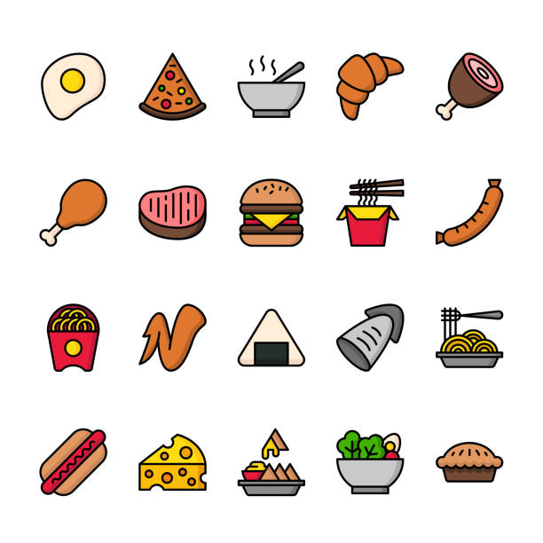 Color line icon set of Food Food, Color line icon set of Food. Pixel perfect icons, thin line and color icon set. steak and eggs breakfast stock illustrations