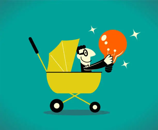 Vector illustration of businessman in a baby carriage showing an idea light bulb