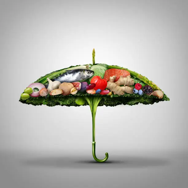 Healthy food disease prevention and nutrition protection as nutritious food shaped as an umbrella avoiding illness for a strong immune system by eating natural ingredients as broccoli salmon nuts with 3D illustration elements.