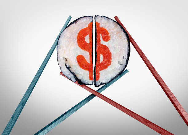 Eating Out Cost Eating out cost and dining expenses as chopsticks coming together joining as a couple with sushi shaped as a dollar sign symbol and service industry icon with 3D illustration elements. japan restaurant bill stock pictures, royalty-free photos & images