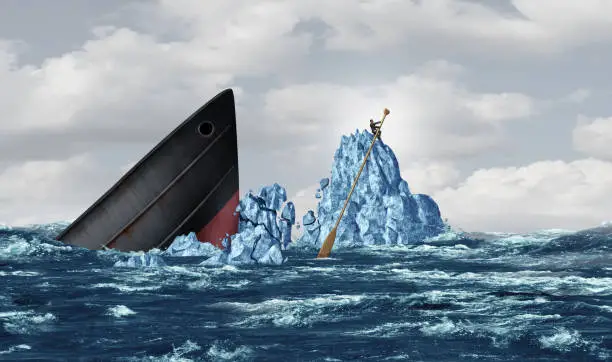 Business survival concept as a strategic businessman surviving an iceberg crash and managing a crisis with smart innovative thinking with 3D illustration elements.