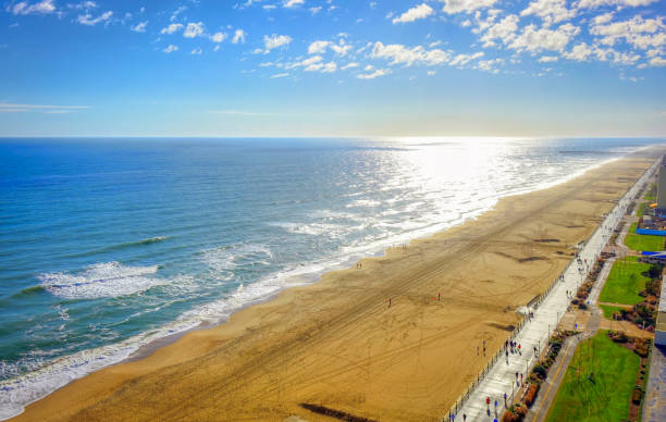 Virginia Beach Baordwalk Virginia Beach Boardwalk | High aerial panoramic view | Virginia Beach, VA, USA. boardwalk stock pictures, royalty-free photos & images