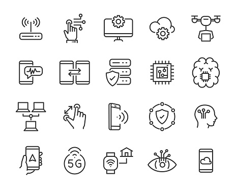 set of technology icon set, such as robot, digital, vr, ai, cyber