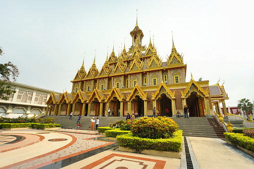 Uthai Thani, Thailand - January 12, 2019: The famous gold church temple Wat thasung in Uthai Thani, Thailand.