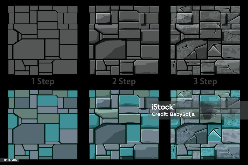 Set Seamless Stone texture, 3 step drawing. Background stone wall tiles. Vector illustration for user interface of the game element Set Seamless Stone texture, 3 step drawing. Background stone wall tiles. Illustration for user interface of the game element Paving Stone stock vector
