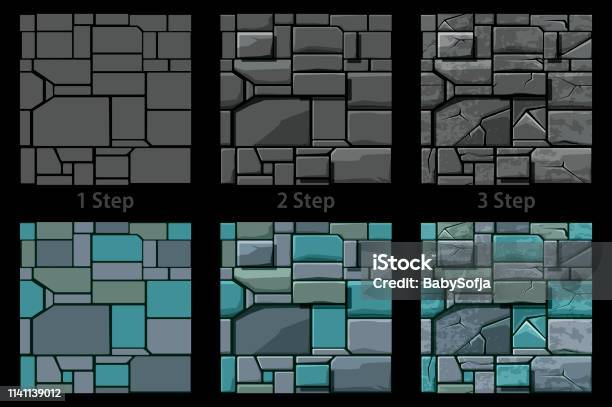 Set Seamless Stone Texture 3 Step Drawing Background Stone Wall Tiles Vector Illustration For User Interface Of The Game Element Stock Illustration - Download Image Now