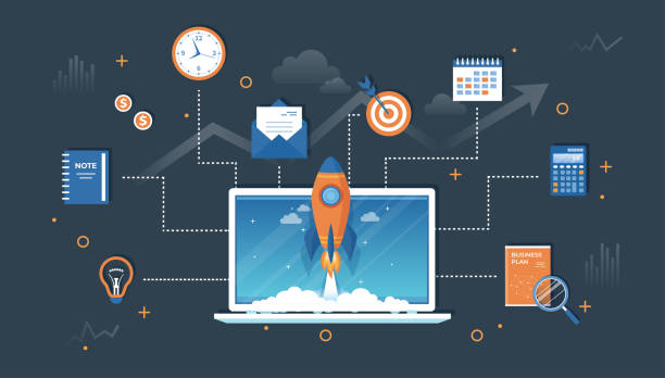 Business project startup, financial planning, idea, strategy, management, realization and success. Rocket launch from laptop screen, business plan, notes, clock, target, money, bulb, calendar Vector Business project startup, financial planning, idea, strategy, management, realization and success. Rocket launch from laptop screen, business plan, notes, clock, target, money, bulb, calendar Vector launch event stock illustrations
