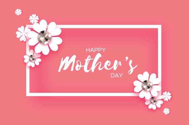 istock Pink Happy Mothers Day. Brilliant stones. Paper cut flower. Rectangle frame. 1141142728