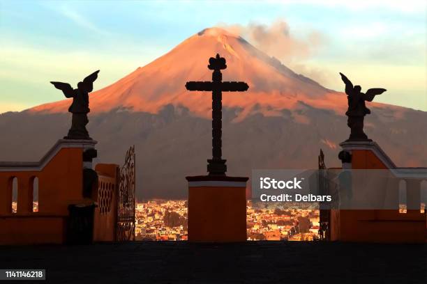 View Of The Active Volcano Popokatepetl From The Catholic Church Of St Mary Mexico Cholula City Stock Photo - Download Image Now