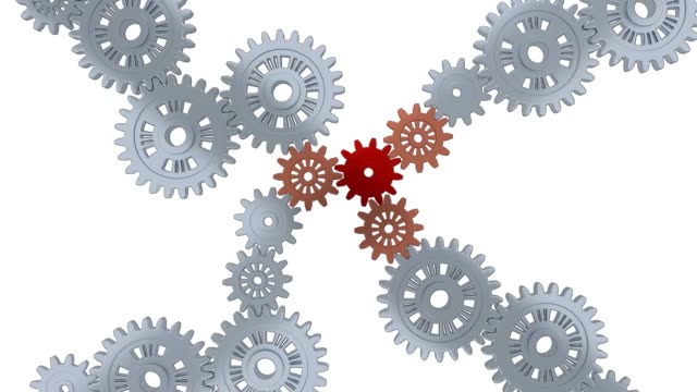 Many Silver Gears with One Red and Three Orange gears in Infinite Rotation
