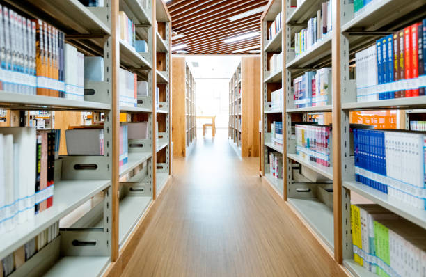 Bookshelf with books in public library