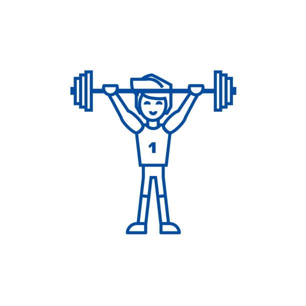 ilustraciones, imágenes clip art, dibujos animados e iconos de stock de atleta fuerte con concepto de icono de línea de pesas. atleta fuerte con pesas símbolo de vector plano, signo, ilustración de contorno. - exercising sports training sport gym
