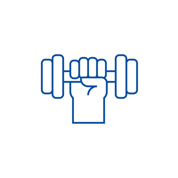 ilustrações de stock, clip art, desenhos animados e ícones de strong hand with dumbbell line icon concept. strong hand with dumbbell flat  vector symbol, sign, outline illustration. - pesado peso