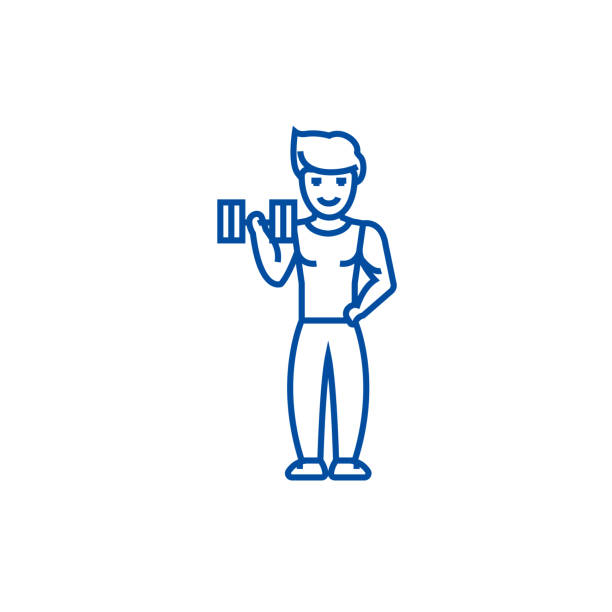 ilustrações de stock, clip art, desenhos animados e ícones de strong man doing exercises  line icon concept. strong man doing exercises  flat  vector symbol, sign, outline illustration. - weightlifting weight training weights gym