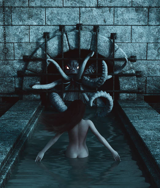 istock Woman sacrifice herself to a monster creature 1141149569