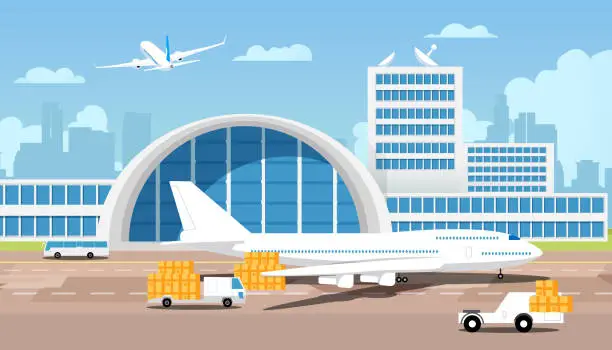 Vector illustration of Airplane and Parcels on Trucks Come from Warehouse