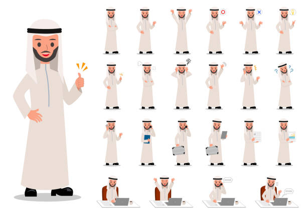 ilustrações de stock, clip art, desenhos animados e ícones de set of saudi businessman. arab man character design with a different poses on a white background. - arabic characters