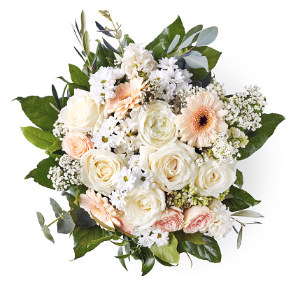 Beautiful wedding bouquet isolated on white background, top view