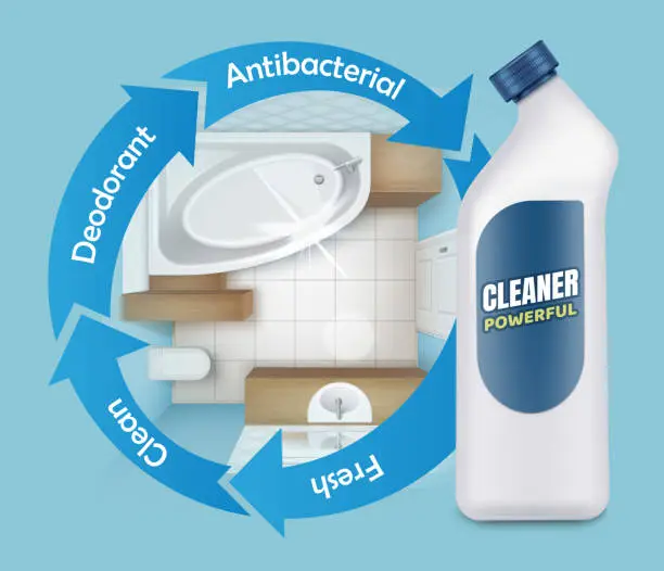 Vector illustration of Vector illustration of tile mold cleaner ads, top view of bathroom with white plastic bottle on background