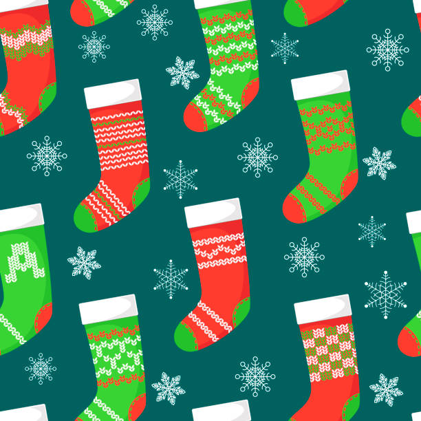 illustrazioni stock, clip art, cartoni animati e icone di tendenza di motivo senza cuciture cristmas con calze su sfondo scuro. illustrazione vettoriale. - vector illustration and painting backgrounds sock