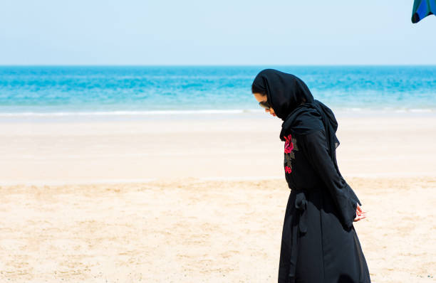 istock Muslim woman on the beach back view 1141173668
