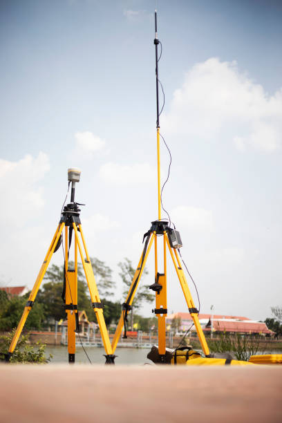 gps surveying in field, global positioning system. - azimuth imagens e fotografias de stock