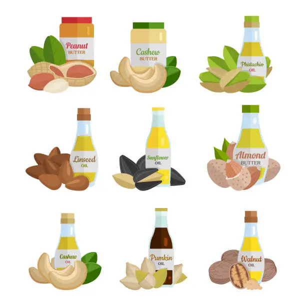 Vector illustration of Set of Butter and Nut Oil Vector Illustrations.