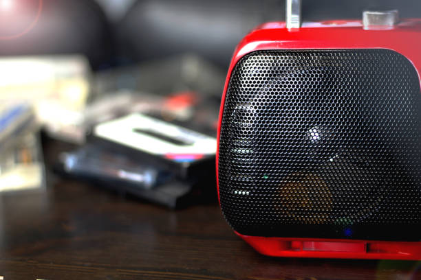istock Red audio with black speaker closeup retro vintage 90's style 1141175752