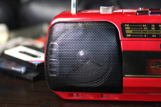 istock Red audio with black speaker closeup retro vintage 90's style 1141175762