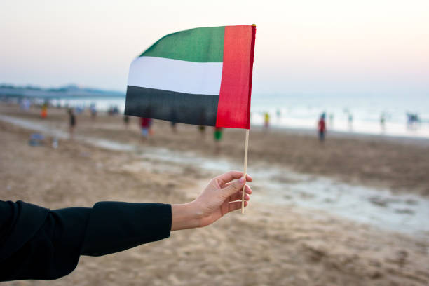 istock Hand United Arab Emirates flag on the beach 1141176626