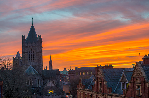 Dramatic sunset over Christchurch Catherdral, Dublin city centre, Ireland.