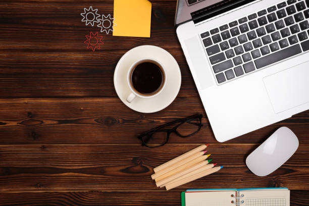 istock Office desk table with supplies. Flat lay Business workplace and objects. Top view. Copy space for text - Image 1141181902