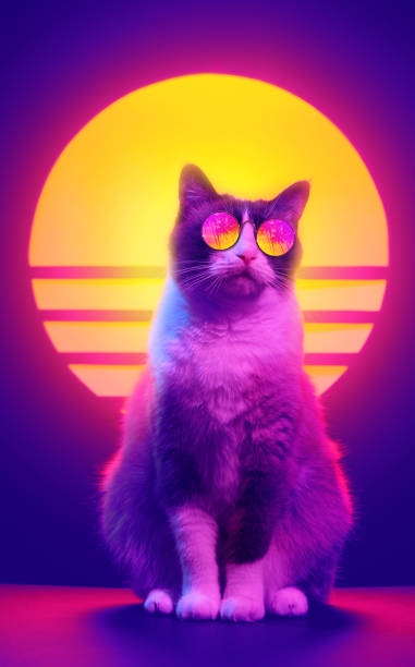 Cat in sunglasses retrowave neon aesthetics. Retro wave synth vaporwave portrait of a cat in sunglasses with palm trees reflection. 80s sci-fi futuristic fashion poster style violet neon aesthetics. nightclub photos stock pictures, royalty-free photos & images