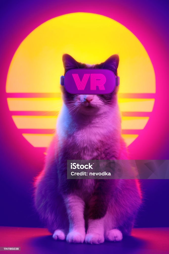 Cat wearing virtual reality goggles wireless headset. Cat wearing virtual reality goggles wireless headset. VR videogame experience in 80's synth wave and retro vaporwave futuristic aesthetics. Virtual Reality Stock Photo
