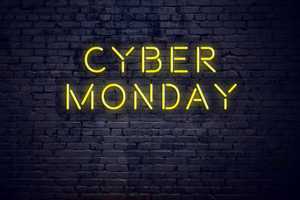 Night view of neon sign with text cyber monday stock photo