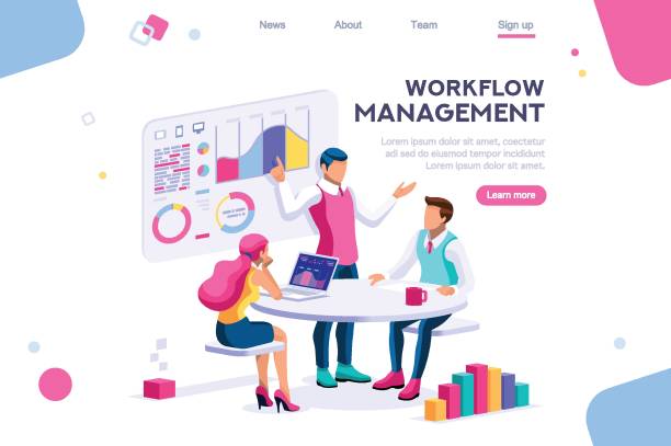 Business Workflow Graph Management workflow, business graphs. Brainstorming infographic. Interactive set of situations. Man concept. Interacting people. 3d images isometric vector illustrations. travel agencies stock illustrations