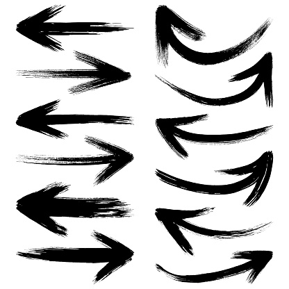 Brush stroke set of black arrows. Vector design elements, different shapes. One color - black. Isolated black images on white background.