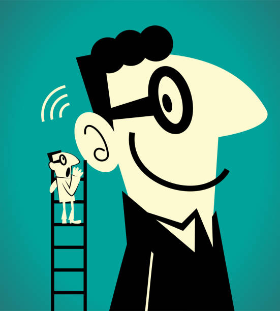illustrazioni stock, clip art, cartoni animati e icone di tendenza di un uomo d'affari salendo una scala e sussurrando il messaggio a un uomo gigante - orecchie grandi