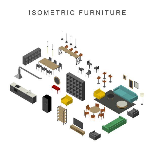 Furniture set in isometric view Furniture set in isometric view. Illustration of living room furniture. lobby office stock illustrations